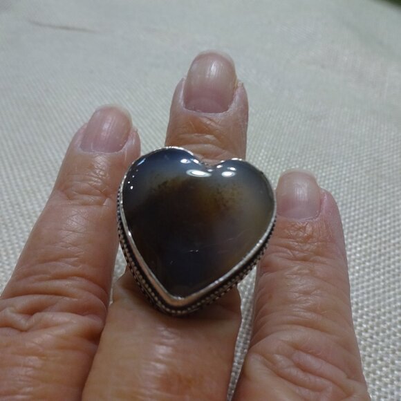 Natural MONTANA AGATE HEART Handmade Sterling 925 Ring Size 8.5 #544C - Picture 1 of 3